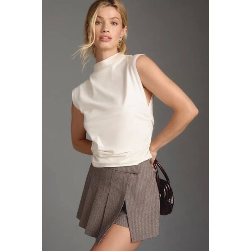Maeve Anthropologie White Ruched Mock Neck Sleeveless Top XXS